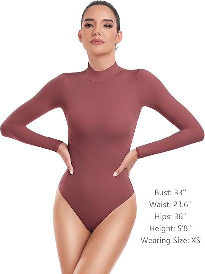 Women's Double Layer Ultra Soft Long Sleeve Mock Turtleneck Bodysuit, Slimming Fit Tops Basic Tee