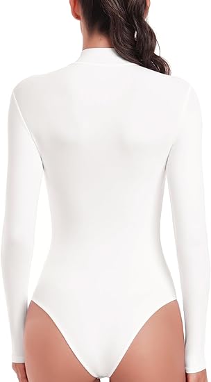 Women's Double Layer Ultra Soft Long Sleeve Mock Turtleneck Bodysuit, Slimming Fit Tops Basic Tee